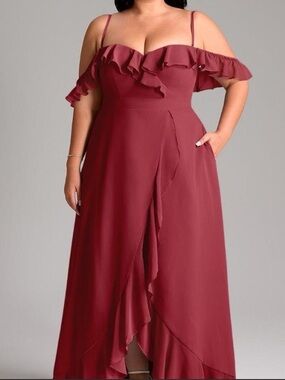 Azazie “Lyra” Off-Shoulder Ruffle Maxi Dress in Burgundy